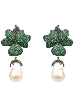 Baroque Pearl Green Flower Drop Earring Oxidised